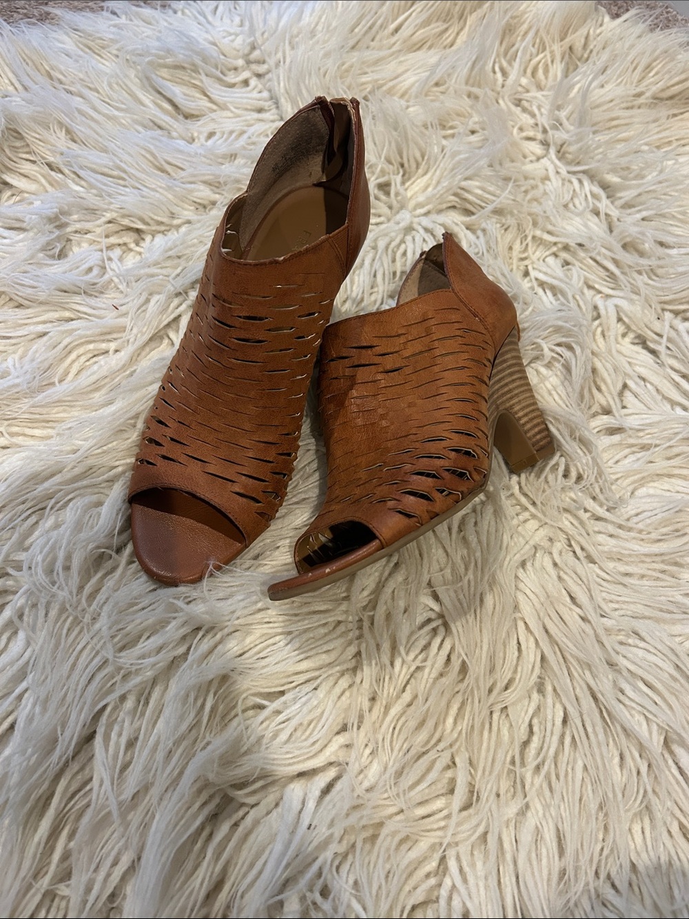 Franco Sarto as 8 Camel brown leather Laser-Cut Peep-Toe Block Heel Sandals